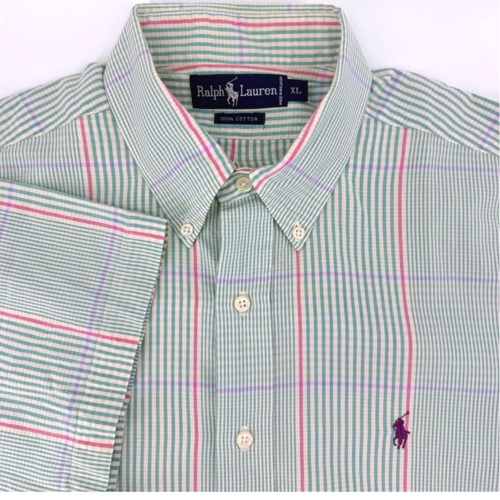 Ralph Lauren Mens XL Green Pink Plaid Short Sleeve Sear Sucker Cotton Shirt